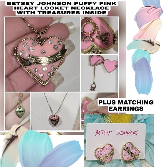 2PC SET BETSEY JOHNSON PINK HEART TREASURE NECKLACE+MATCHING EARRINGS Rare - Picture 2 of 10